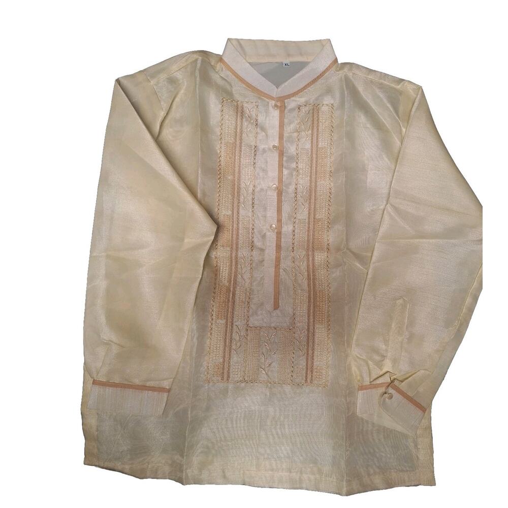 Barong Tagalog Embroidered Filipino Shirt Beige Size XL Chinese Collar Style NWT